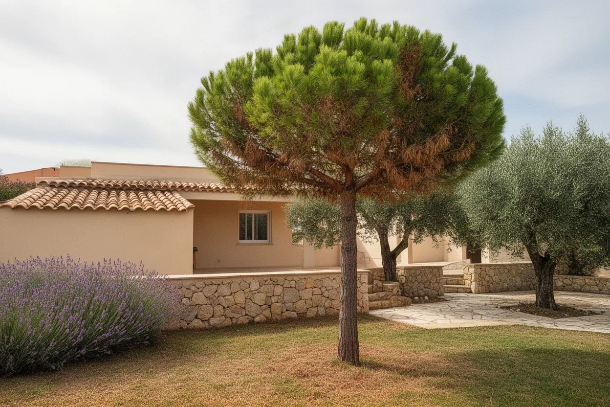 Pin dépérissant près d'un muret à Vallauris