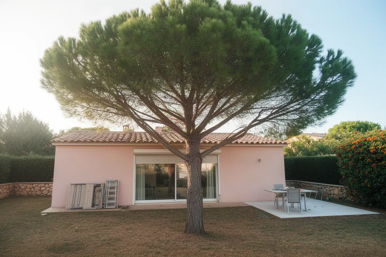 Pin dense avant taille raisonnée dans un jardin antibois