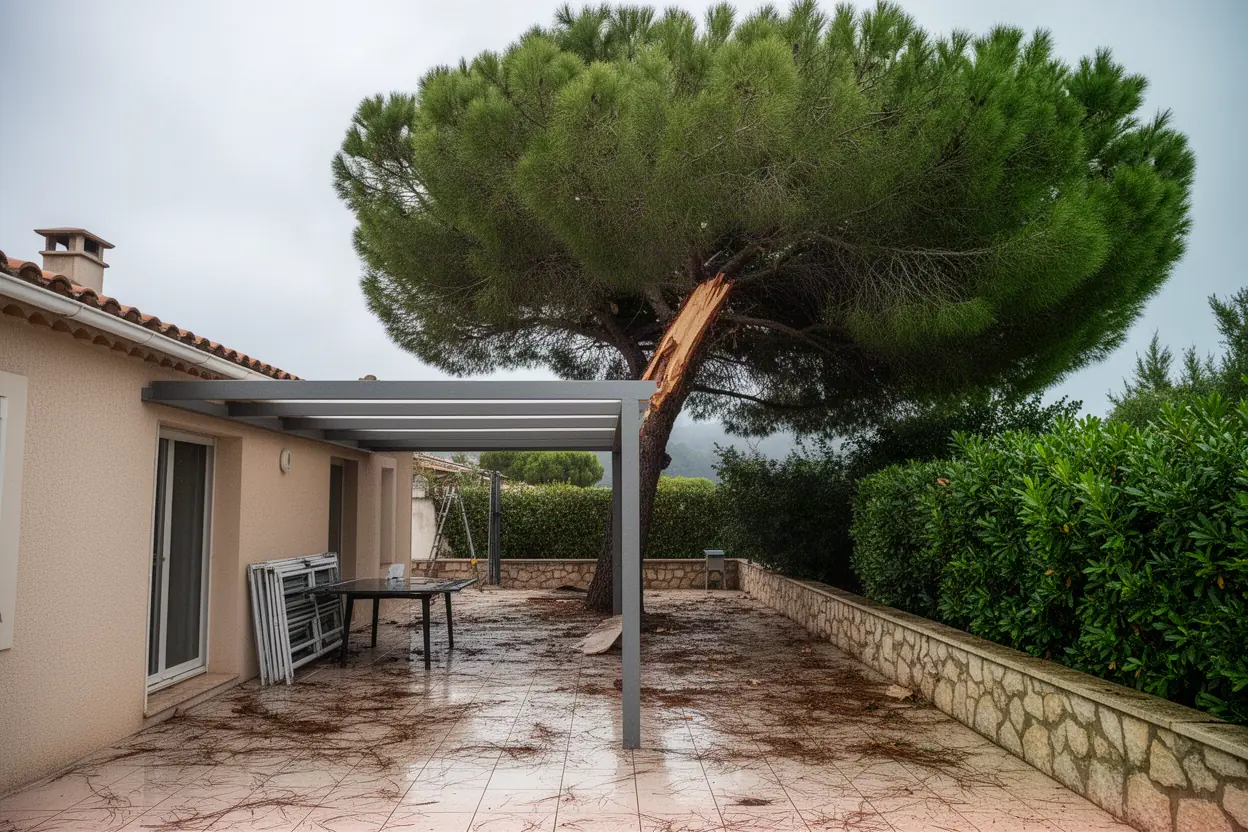 Branche de pin fendue avant sécurisation à Antibes