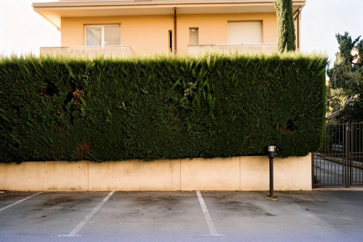Haie de cyprès réduite après taille à Cannes