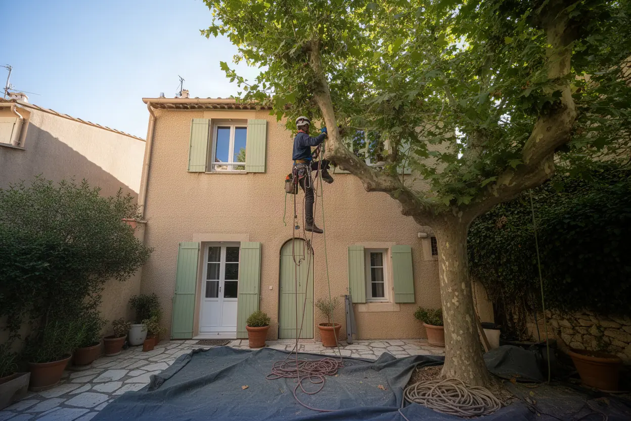 Élagueur grimpeur progressant dans un pin à Biot