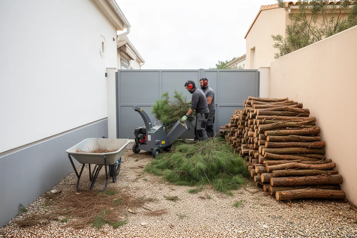 Équipe broyant des branches après élagage à Biot