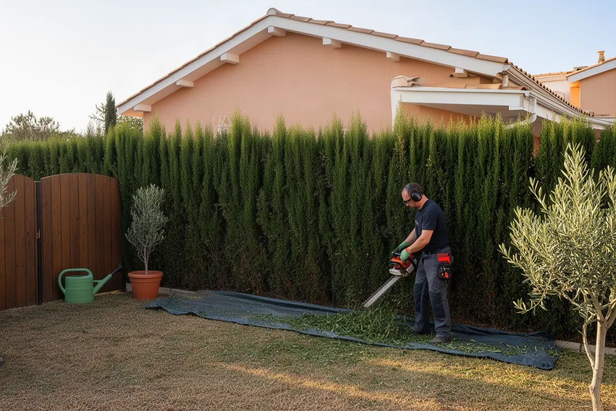 Jardinier taillant une haie de cyprès à Biot
